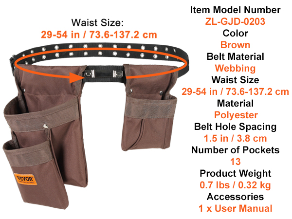 VEVOR tool belt, brown, polyester, 13 pockets, adjustable waist 29-54 in, item zl-gjd-0203.