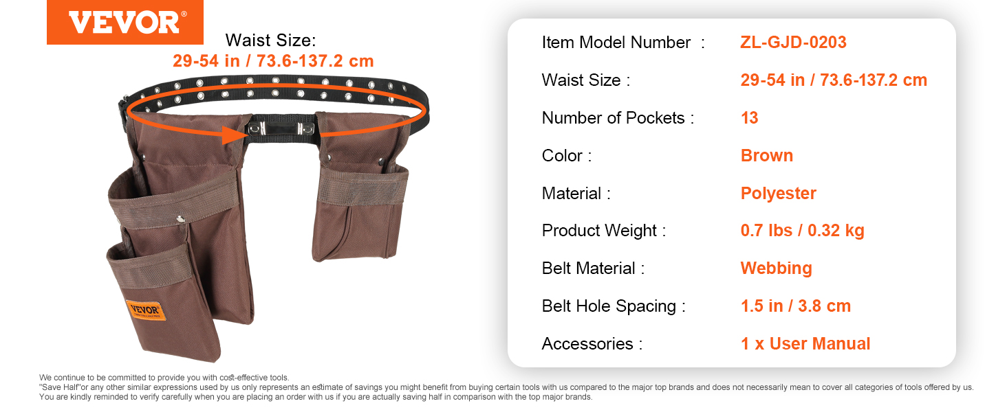 VEVOR tool belt, brown, polyester, 13 pockets, adjustable waist 29-54 in, item zl-gjd-0203.
