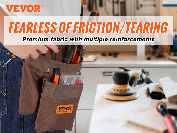 VEVOR tool belt with premium polyester fabric, double stitching, and rivet reinforcement.