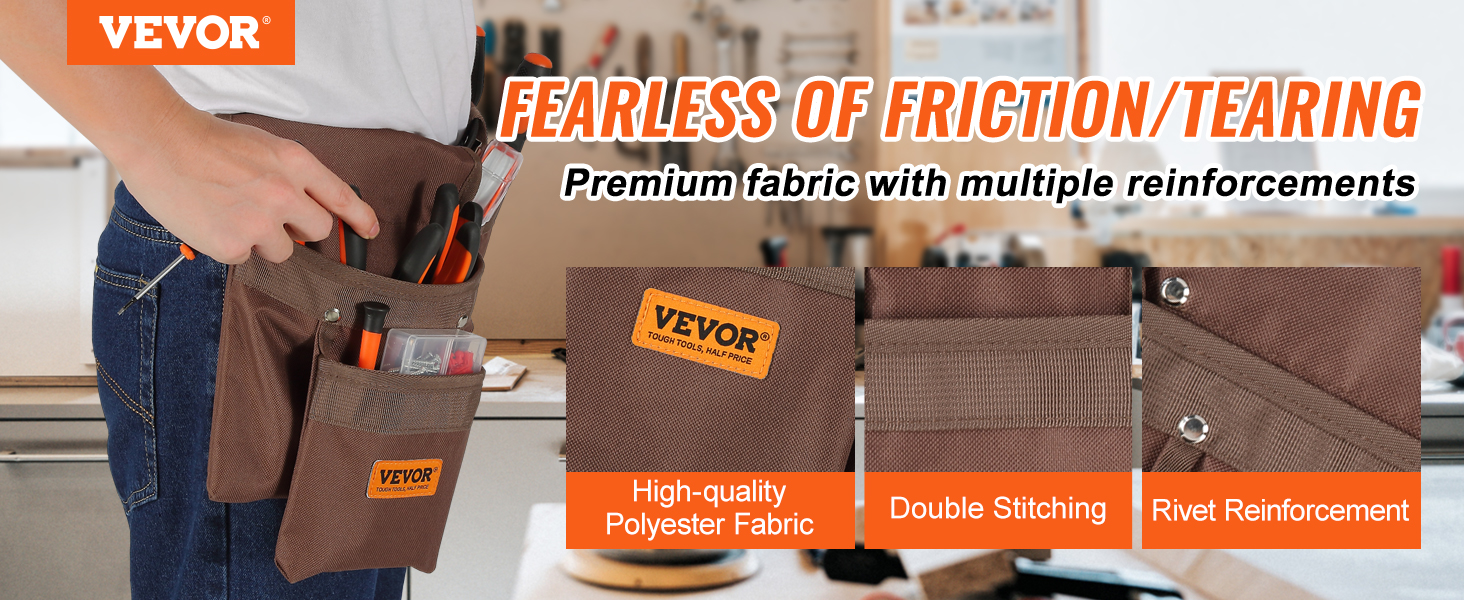 VEVOR tool belt with premium polyester fabric, double stitching, and rivet reinforcement.