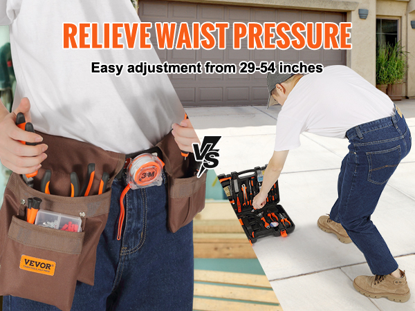 VEVOR tool belt with adjustable waist support, fits different body types, enhances comfort.