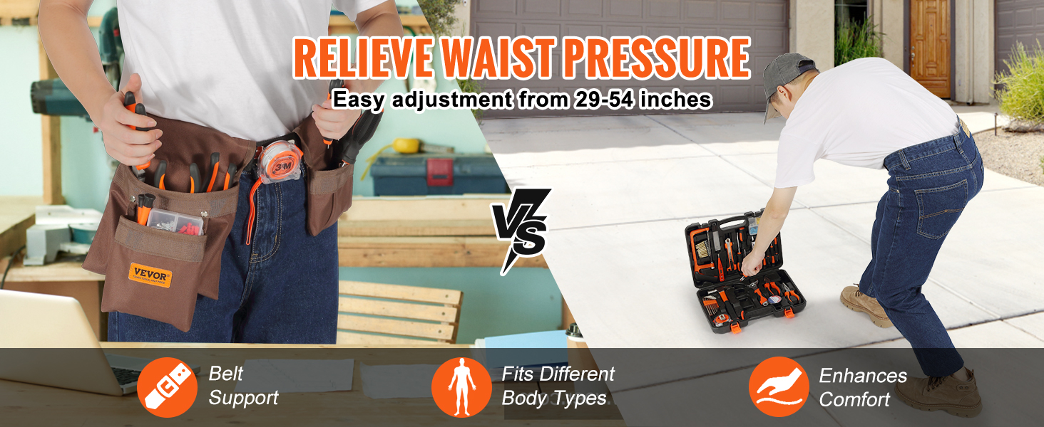 VEVOR tool belt with adjustable waist support, fits different body types, enhances comfort.