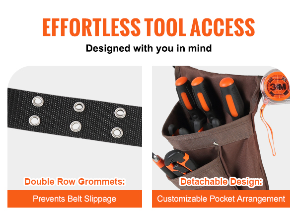 VEVOR tool belt with double row grommets and customizable pocket arrangement for effortless tool access.