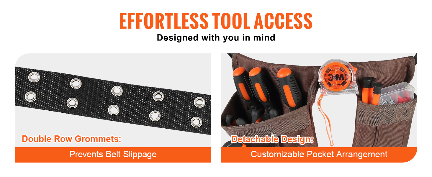 VEVOR tool belt with double row grommets and customizable pocket arrangement for effortless tool access.