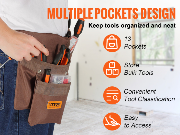 multiple pockets on the VEVOR tool belt hold various tools, ensuring easy access and organization.