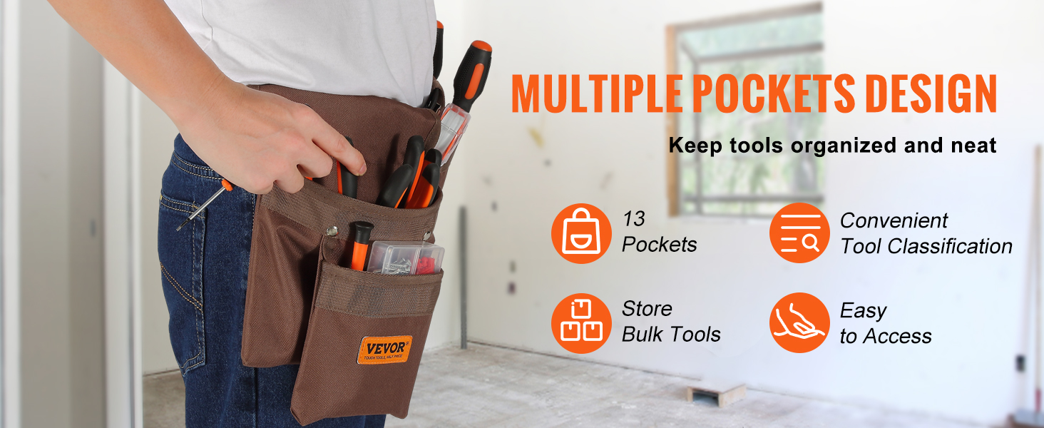 multiple pockets on the VEVOR tool belt hold various tools, ensuring easy access and organization.