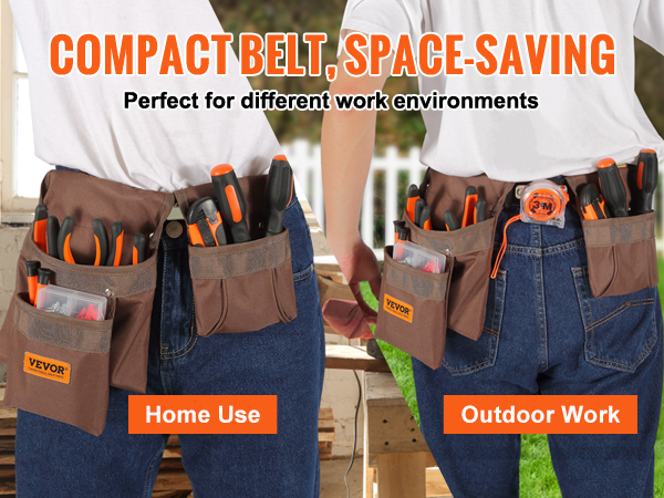 VEVOR tool belt for home use and outdoor work, compact and space-saving, loaded with tools.