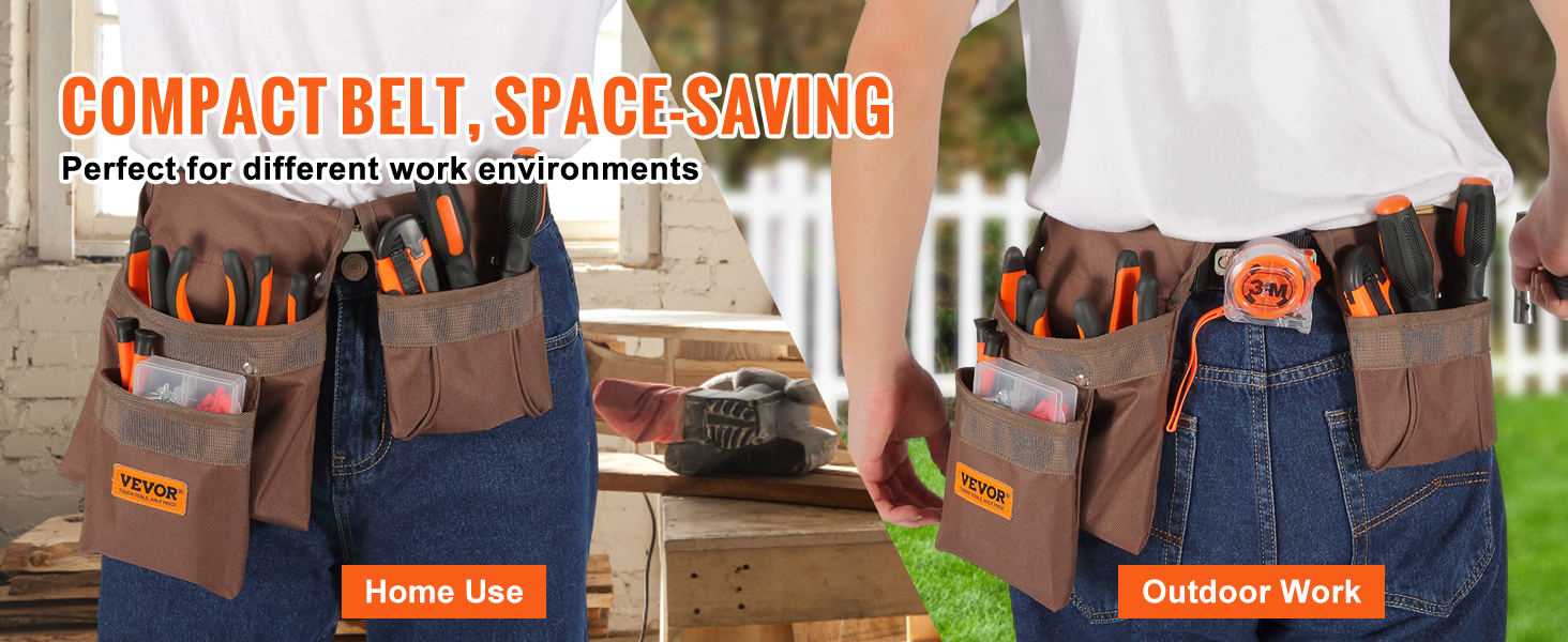 VEVOR tool belt for home use and outdoor work, compact and space-saving, loaded with tools.