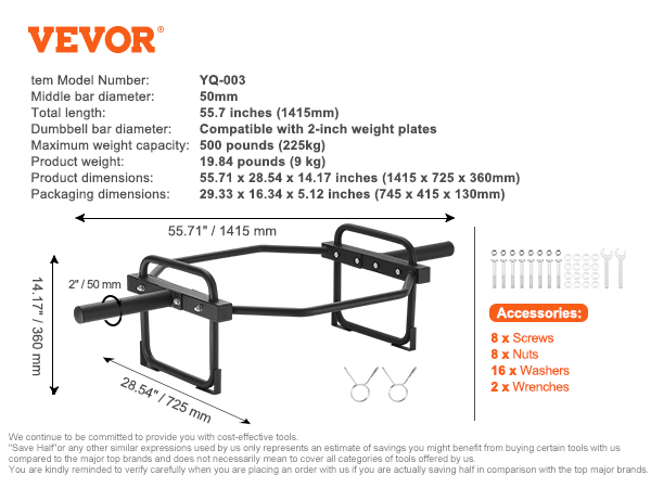 VEVOR olympic trap bar yq-003, 55.7 inches, 500lb capacity, 25mm bar diameter, accessories included.