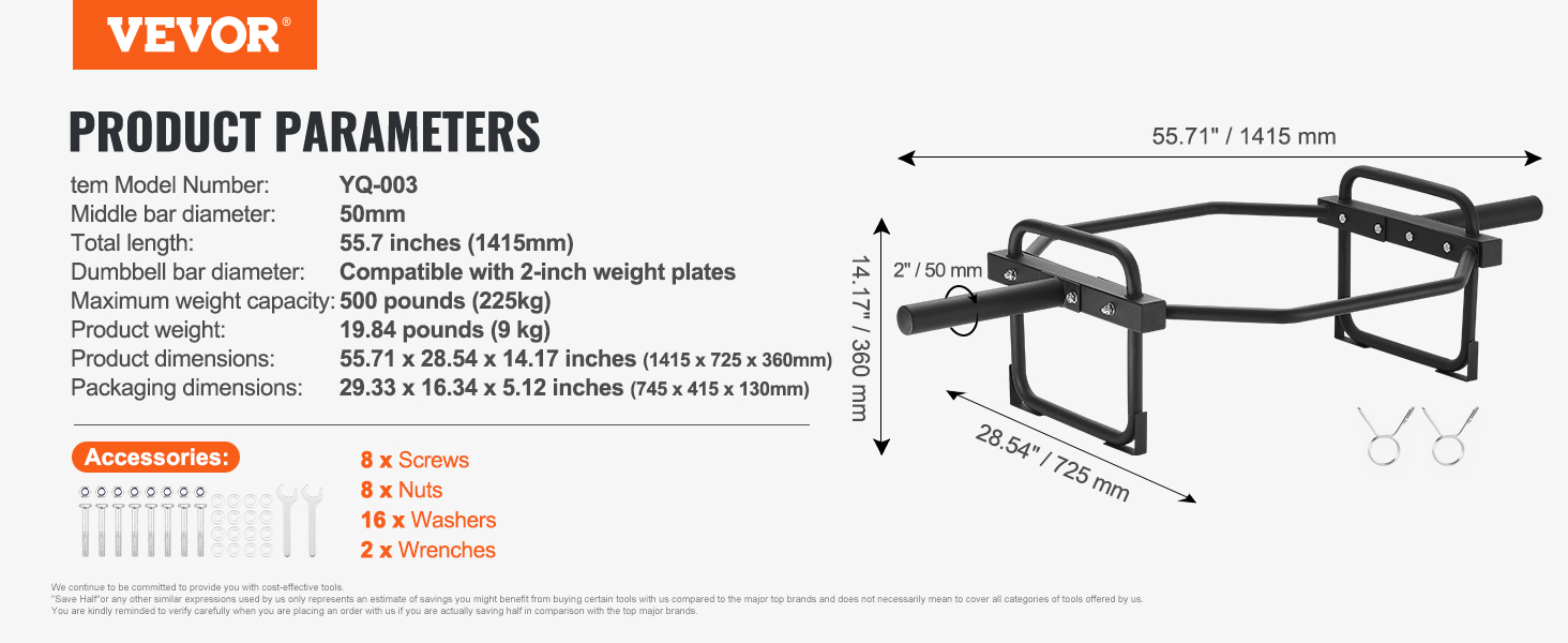 VEVOR olympic trap bar yq-003, 55.7 inches, 500lb capacity, 25mm bar diameter, accessories included.
