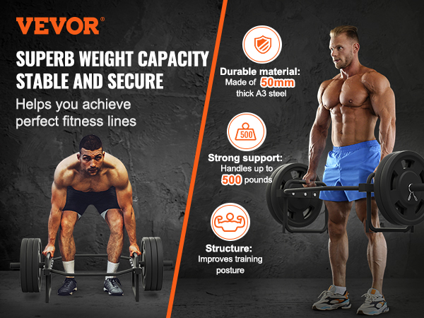 VEVOR olympic trap bar with 500-pound capacity, 25mm a3 steel, enhances posture for perfect fitness.