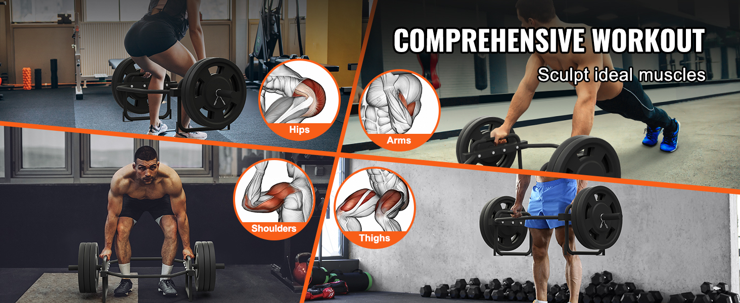 comprehensive workout for sculpting muscles with VEVOR olympic trap bar focusing on arms, hips, shoulders, and thighs.