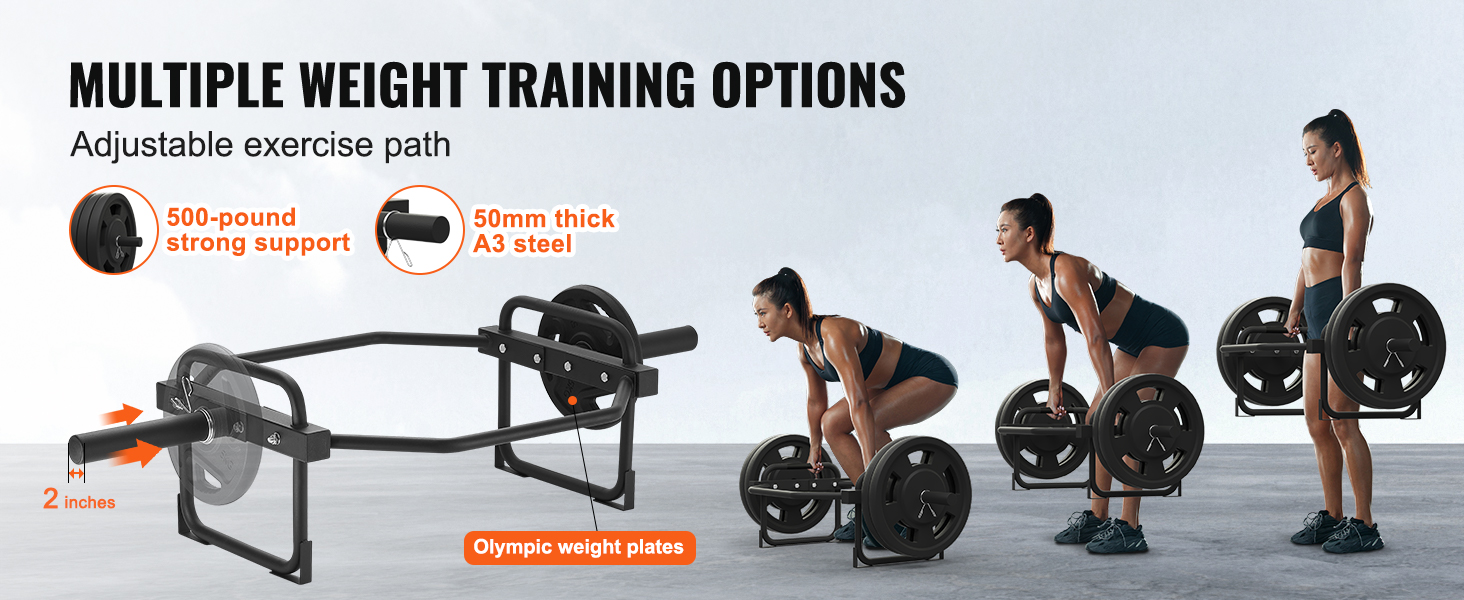multiple weight training options with the VEVOR olympic trap bar, 25mm a3 steel, 500-pound support.
