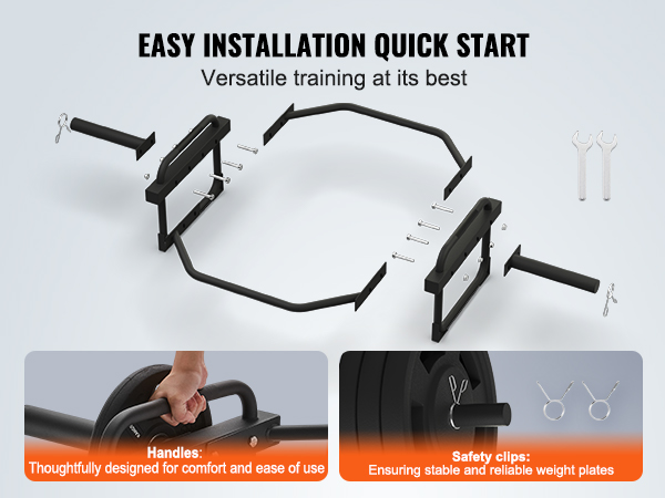 VEVOR olympic trap bar assembly steps, highlighting safety clips and ergonomic handles for versatile training.