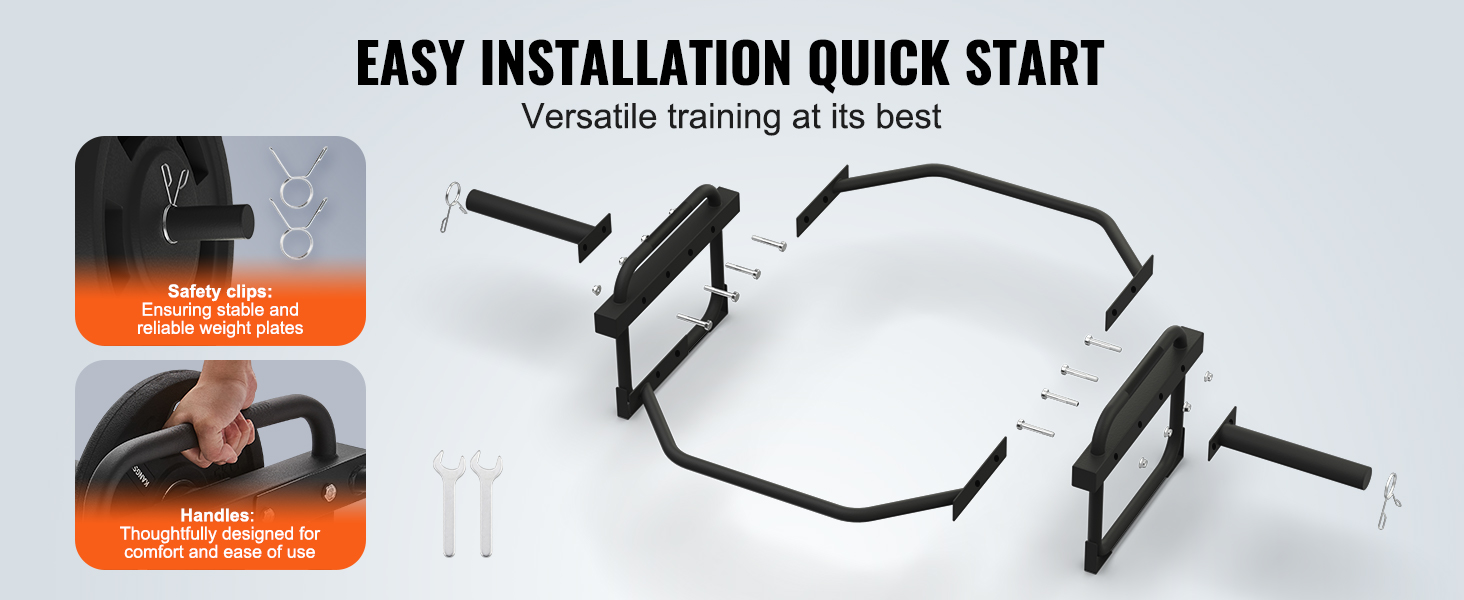 VEVOR olympic trap bar assembly steps, highlighting safety clips and ergonomic handles for versatile training.
