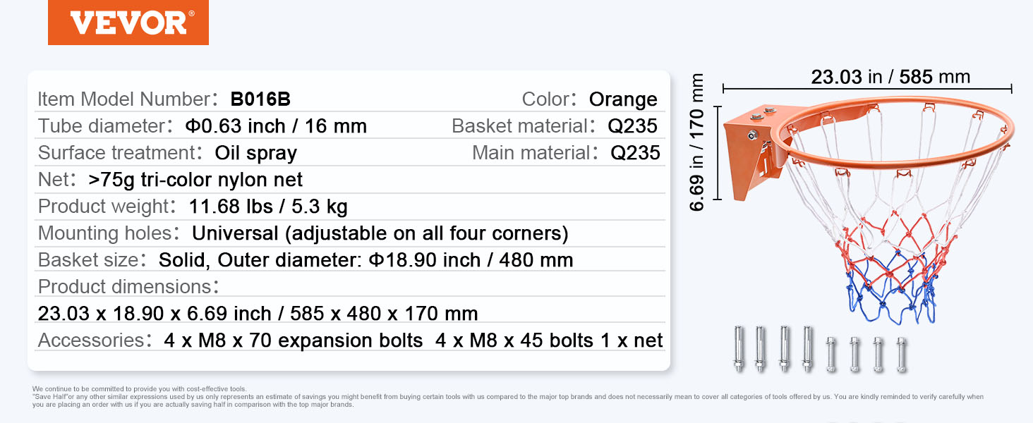 VEVOR basketball hoop b016b, 23.03"x18.90"x6.69", orange with >75g tri-color nylon net and q235 material.