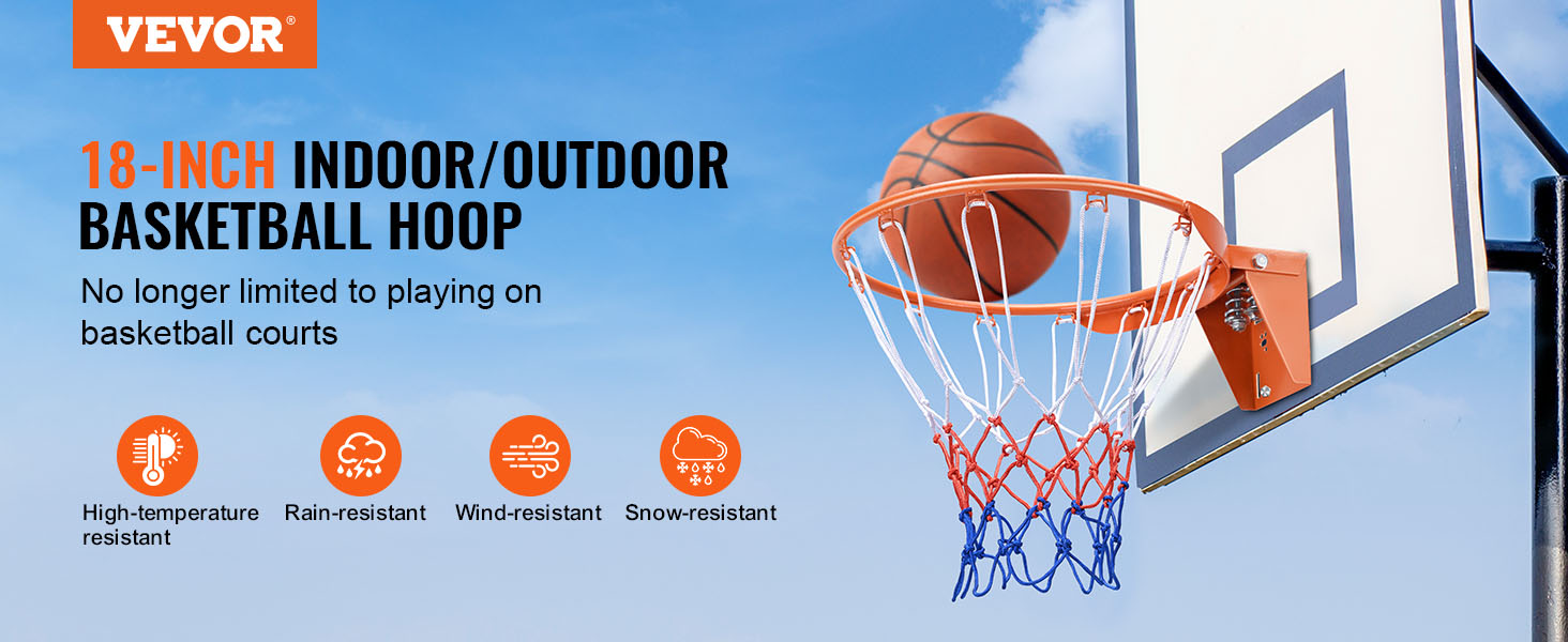 VEVOR basketball hoop with net, 18-inch, suitable for indoor and outdoor use, against blue sky.