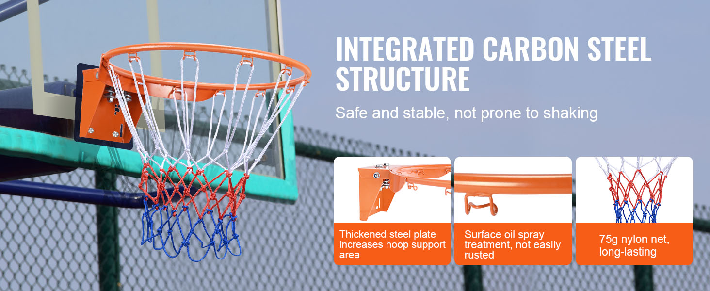 integrated carbon steel VEVOR basketball hoop with thickened support and durable nylon net.