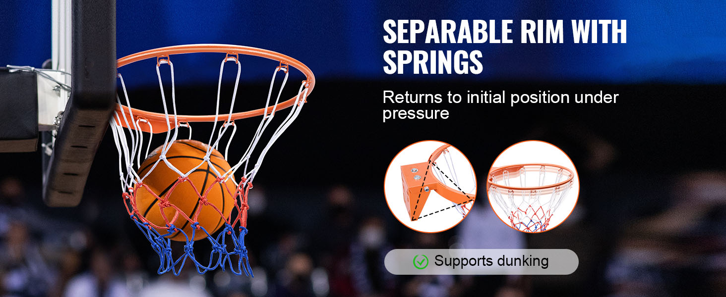 VEVOR basketball hoop with separable rim and springs supports dunking, returns to initial position under pressure.