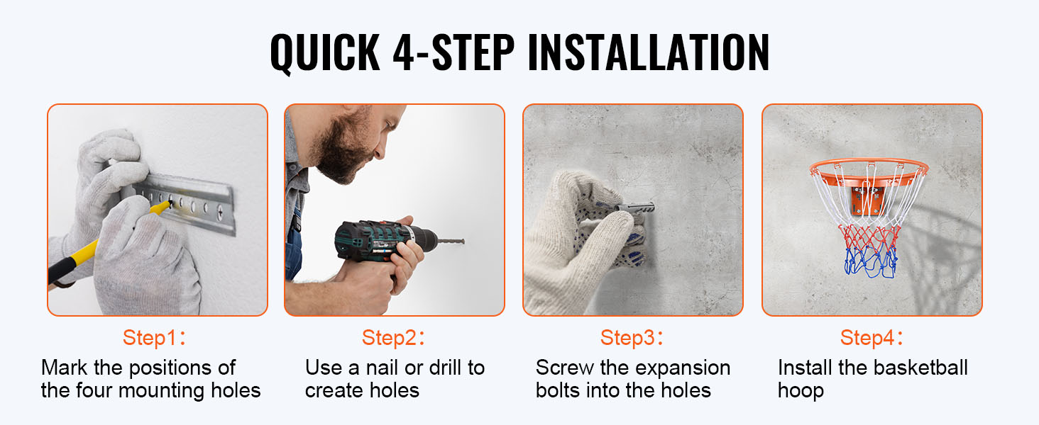 quick 4-step installation of VEVOR basketball hoop: mark, drill, screw expansion bolts, install hoop.