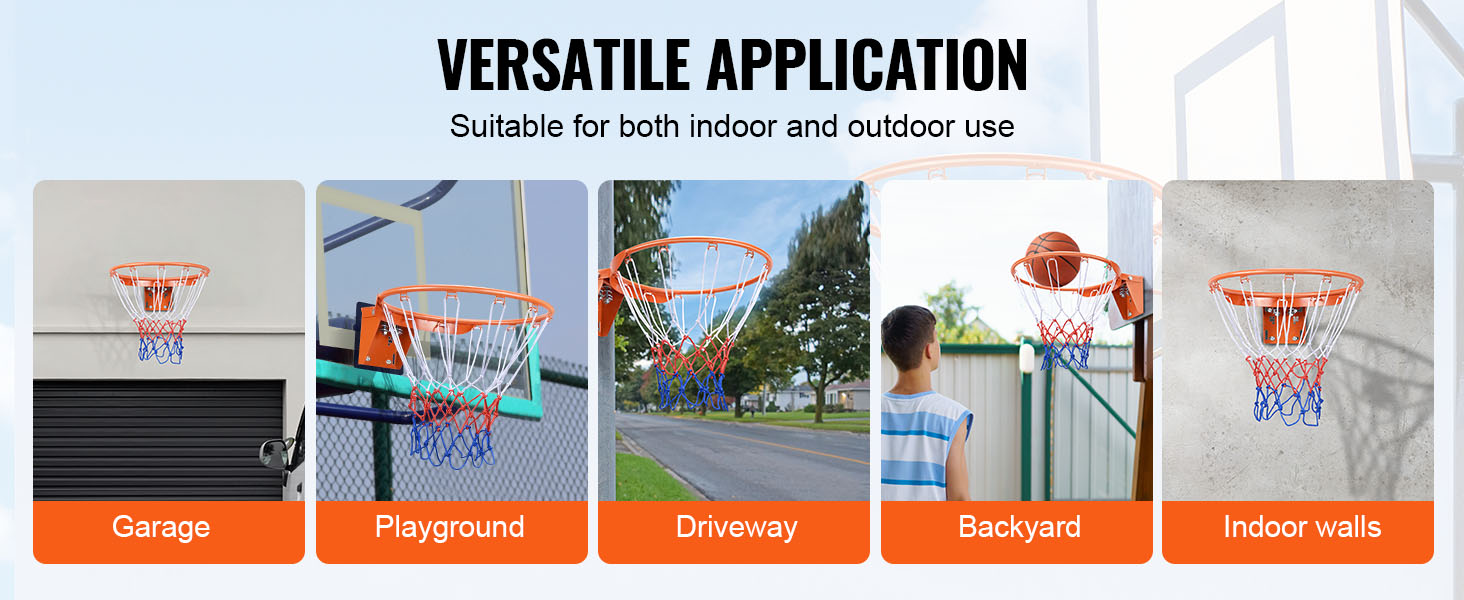 VEVOR basketball hoop for garage, playground, driveway, backyard, and indoor walls. versatile use.