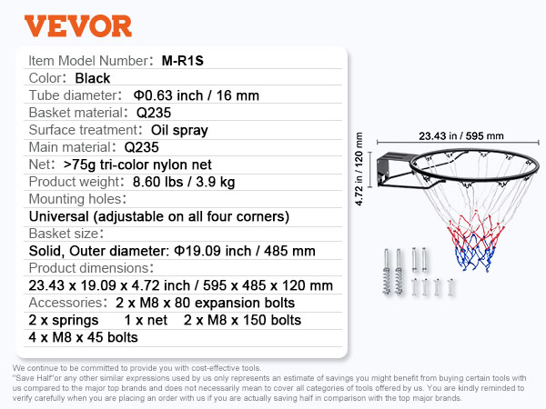 VEVOR basketball hoop specifications with dimensions, materials, and accessories detailed.