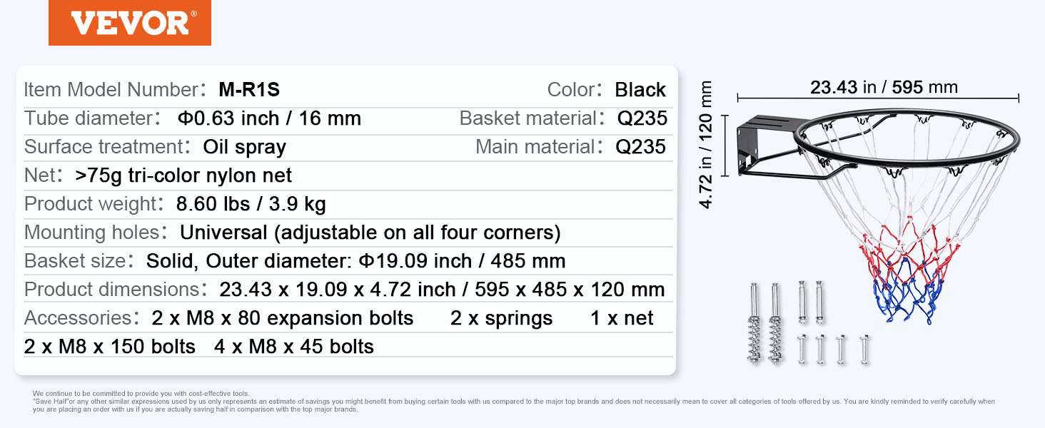 VEVOR basketball hoop specifications with dimensions, materials, and accessories detailed.
