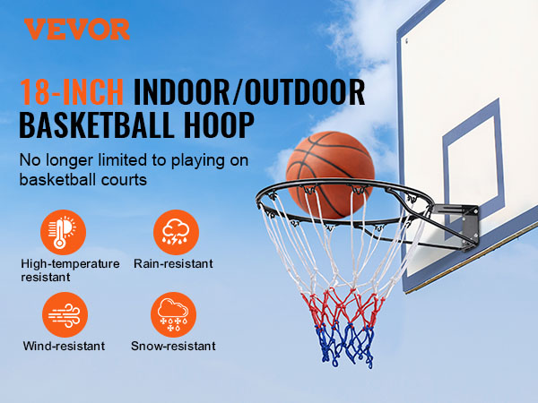 VEVOR basketball hoop: 18-inch indoor/outdoor durable hoop, high-temp, rain, wind, and snow resistant.