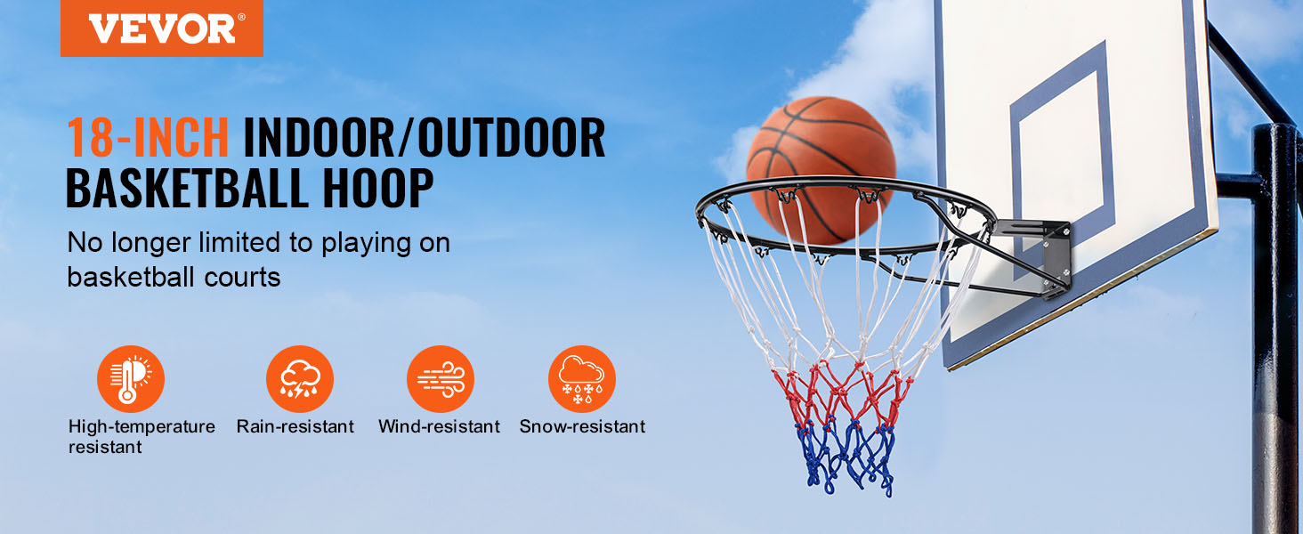 VEVOR basketball hoop: 18-inch indoor/outdoor durable hoop, high-temp, rain, wind, and snow resistant.