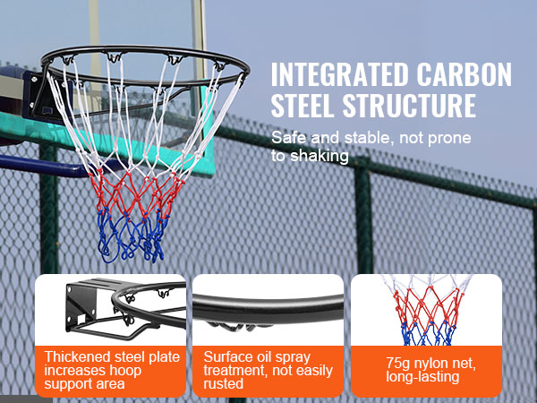 VEVOR basketball hoop with integrated carbon steel structure, sturdy nylon net, and rust-resistant coating.