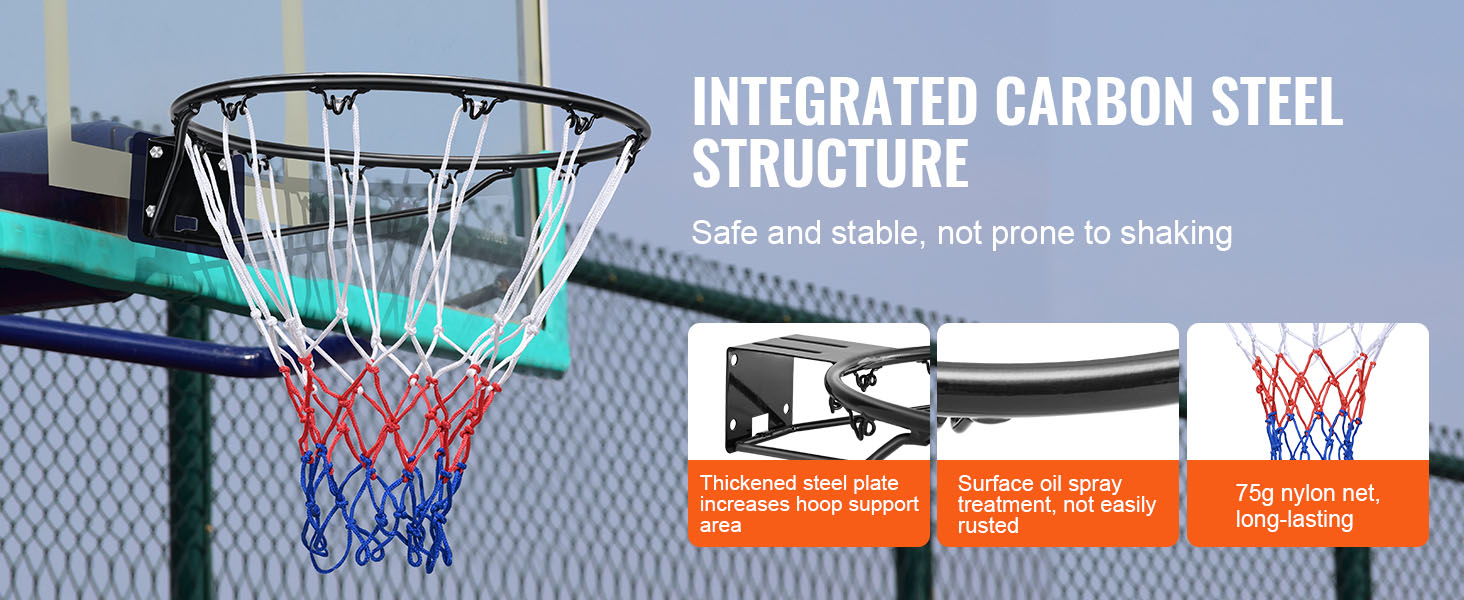 VEVOR basketball hoop with integrated carbon steel structure, sturdy nylon net, and rust-resistant coating.