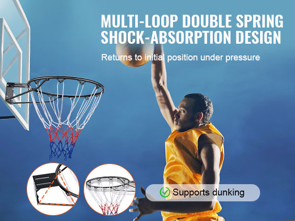 VEVOR basketball hoop with dual-spring shock absorption supports dunking, showcasing durability and stability.