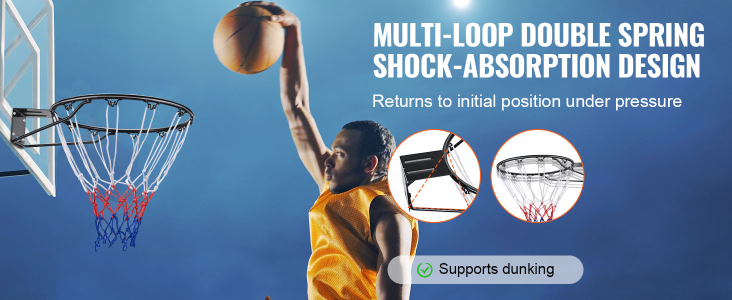 VEVOR basketball hoop with dual-spring shock absorption supports dunking, showcasing durability and stability.