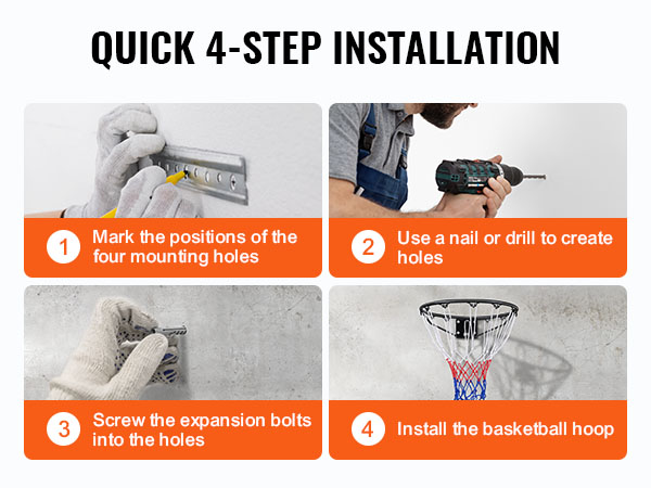 quick 4-step installation for VEVOR basketball hoop: mark, drill holes, screw bolts, and install hoop.