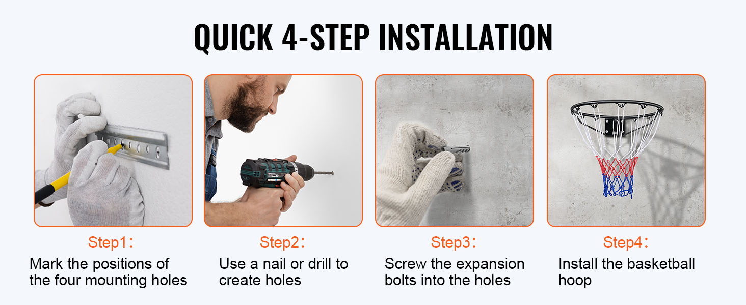quick 4-step installation for VEVOR basketball hoop: mark, drill holes, screw bolts, and install hoop.