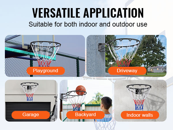 versatile VEVOR basketball hoop for garage, playground, driveway, backyard, and indoor walls.