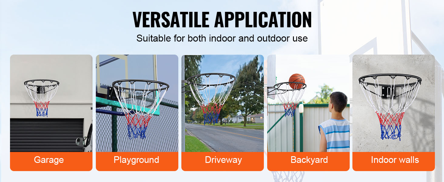 versatile VEVOR basketball hoop for garage, playground, driveway, backyard, and indoor walls.