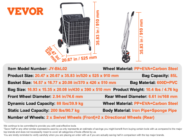 VEVOR folding shopping cart measurements and specifications, featuring a 35.83 inch height.