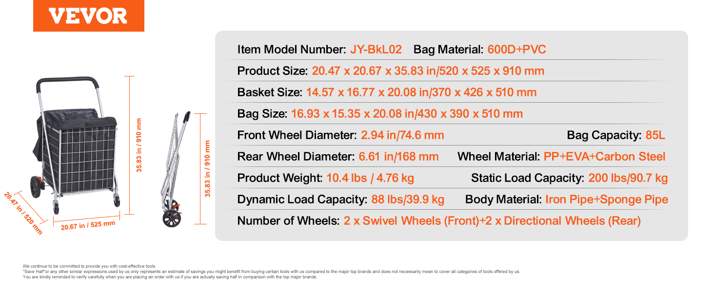 VEVOR folding shopping cart measurements and specifications, featuring a 35.83 inch height.