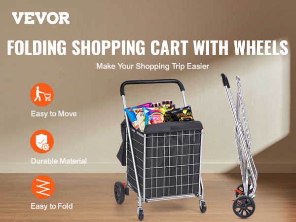 VEVOR folding shopping cart with wheels, easy to move and fold, durable material for convenient shopping.