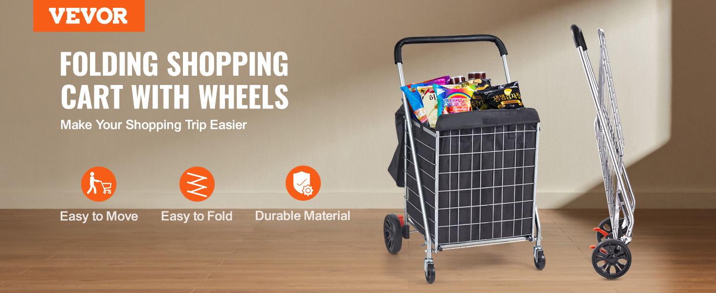 VEVOR folding shopping cart with wheels, easy to move and fold, durable material for convenient shopping.