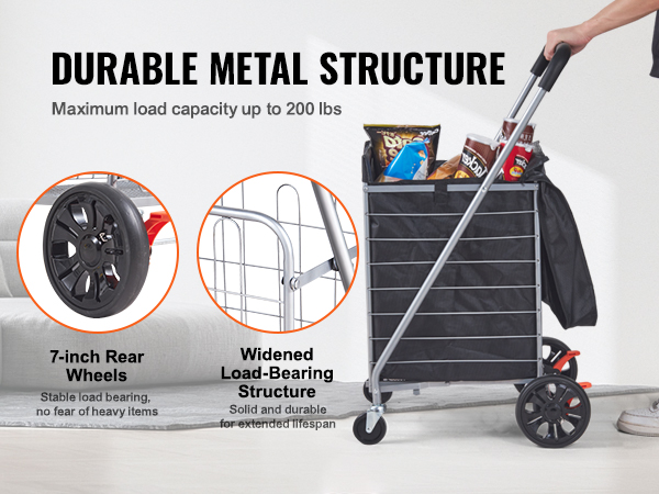 VEVOR folding shopping cart with durable metal structure, 7-inch rear wheels, and widened load-bearing frame.