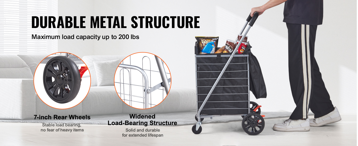 VEVOR folding shopping cart with durable metal structure, 7-inch rear wheels, and widened load-bearing frame.
