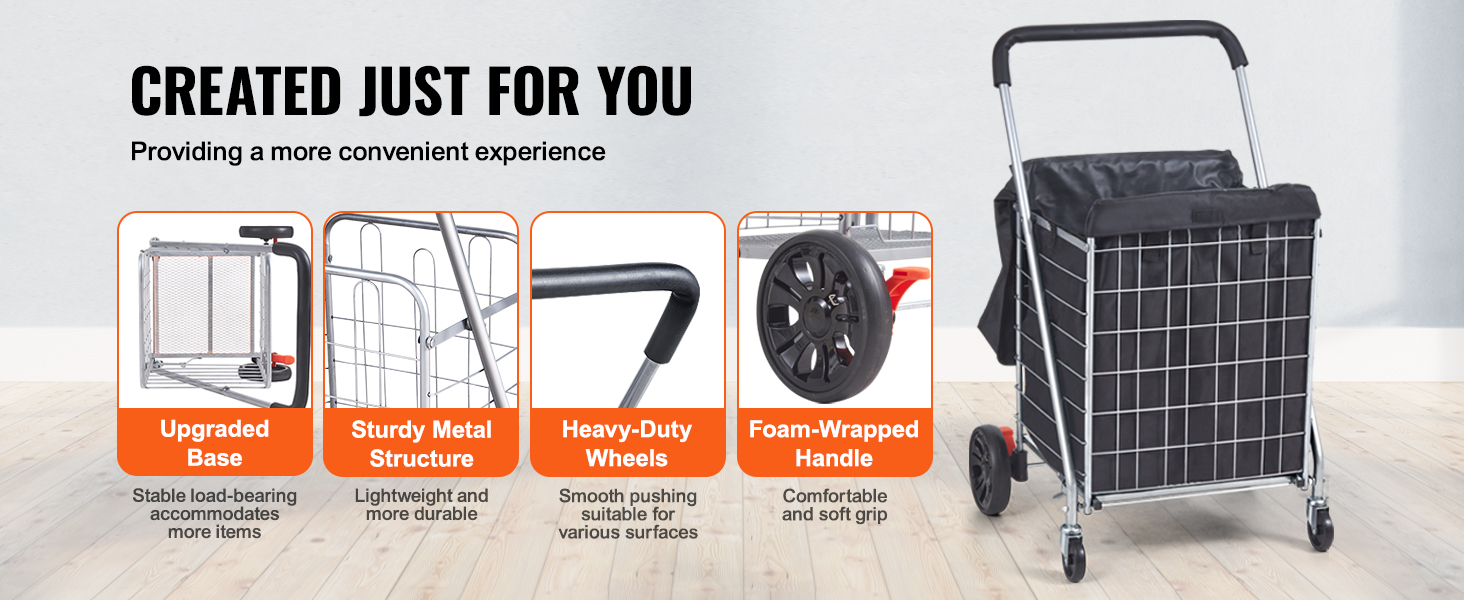VEVOR folding shopping cart with upgraded base, sturdy metal structure, heavy-duty wheels, foam-wrapped handle.