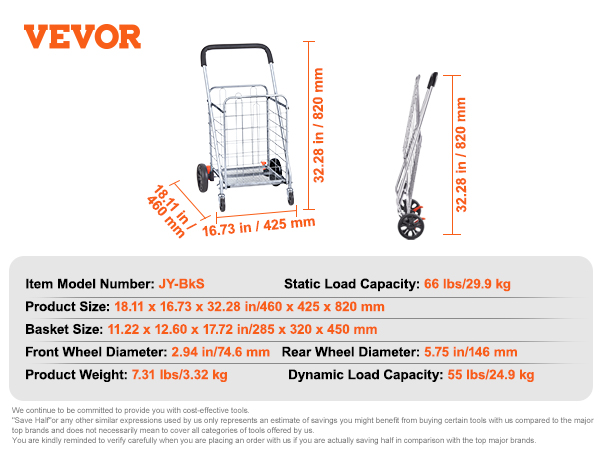 VEVOR folding shopping cart with dimensions, wheel diameter, load capacity, and weight specifications.
