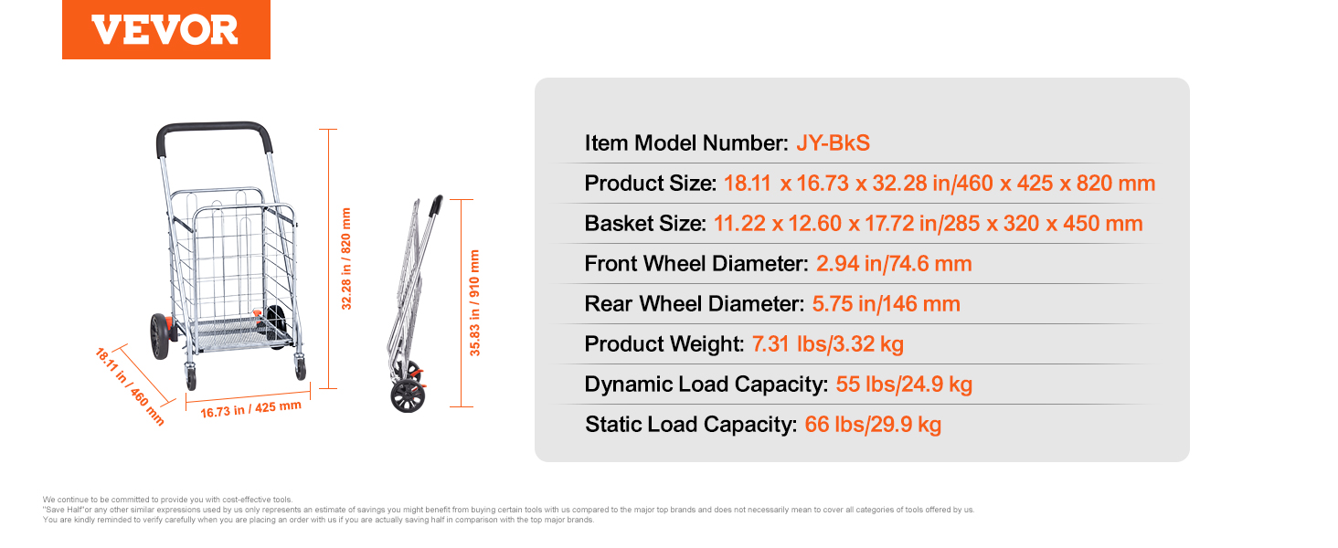 VEVOR folding shopping cart with dimensions, wheel diameter, load capacity, and weight specifications.