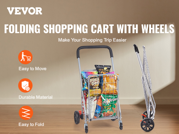 VEVOR folding shopping cart with wheels, easy to move, foldable, durable, groceries inside.