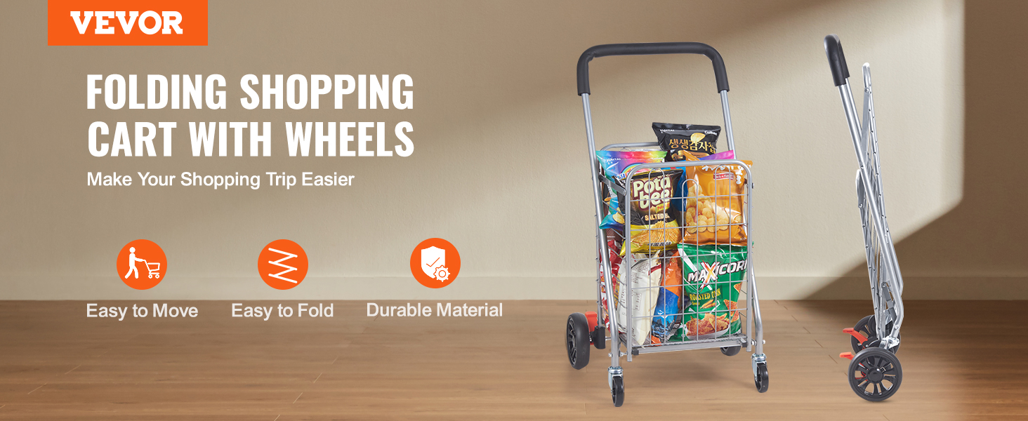 VEVOR folding shopping cart with wheels, easy to move, foldable, durable, groceries inside.