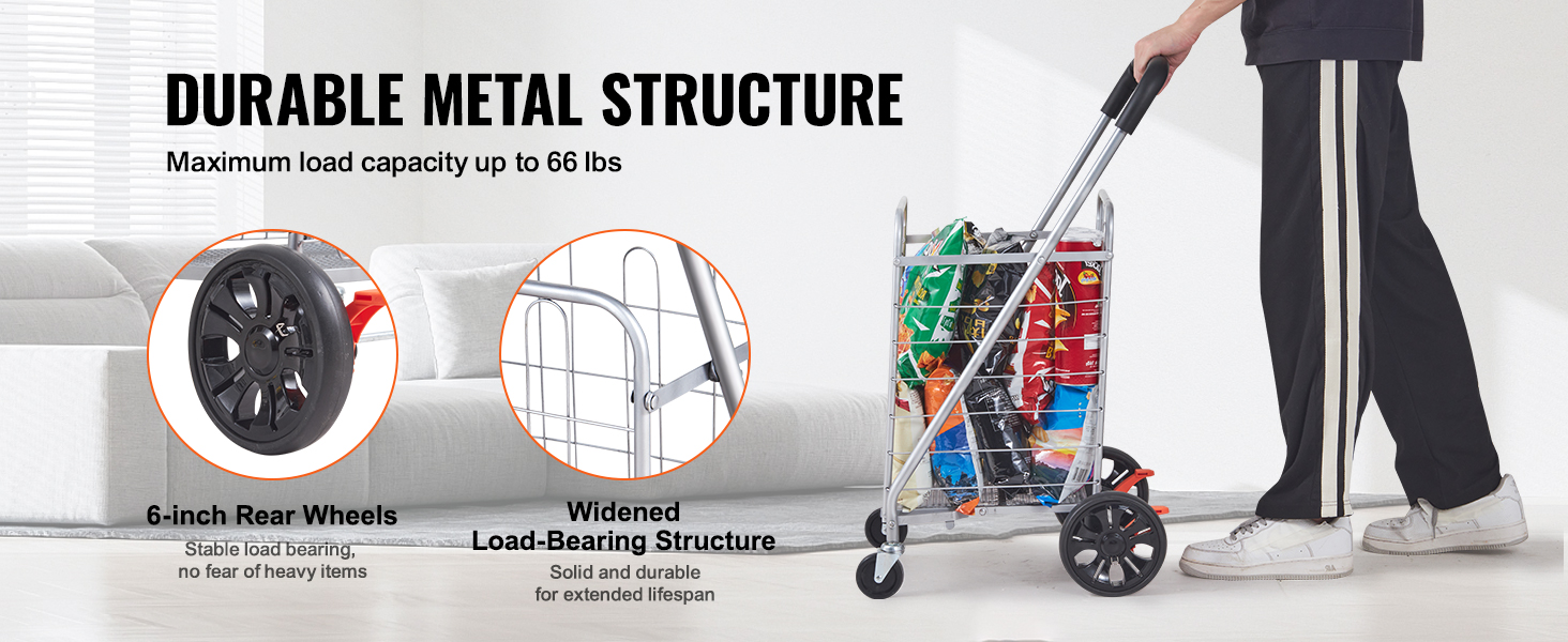 VEVOR folding shopping cart with durable metal structure, 6-inch rear wheels, and widened load-bearing design.