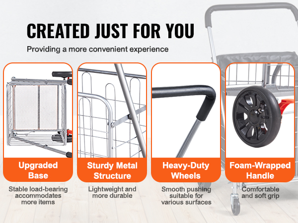 VEVOR folding shopping cart with sturdy metal structure, upgraded base, heavy-duty wheels, foam handle.